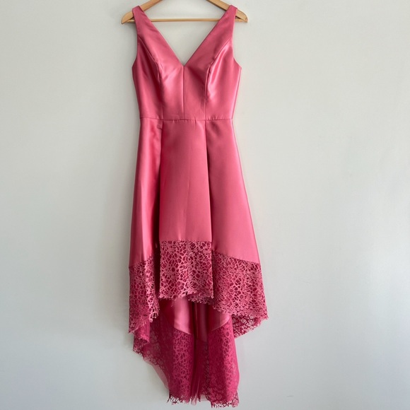 MONIQUE LHUILLIER High Low Laced Sleeves V Neck Cocktail Evening Gown Dress Sz 6 - Picture 2 of 15